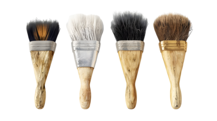 Set of four paintbrushes with different sizes and shapes. Isolated on a transparent background.