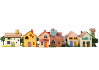 Row of colorful houses in a small town setting. Isolated on a transparent background.