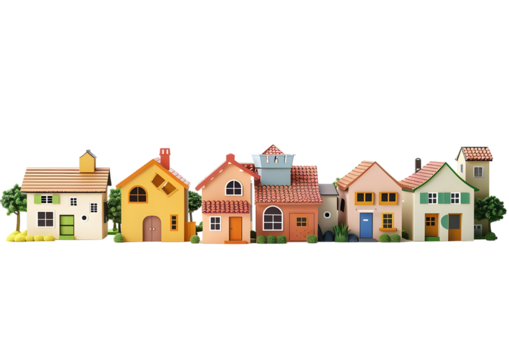 Row of colorful houses in a small town setting. Isolated on a transparent background.