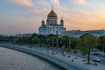 The old Cathedral of Christ the Savior in the city landscape on an August evening. Moscow