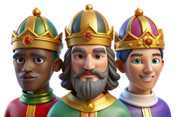 Vibrant 3D cartoon depicting The Three Wise Men on Epiphany, featuring plasticine texture, transparent background for versatile use in print and digital art
