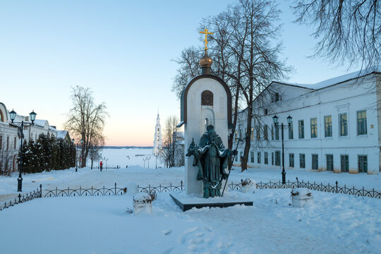 KALYAZIN, RUSSIA - JANUARY 07, 2022: Monument to Saint Macarius of Kalyazin in a winter city landscape on a December morning