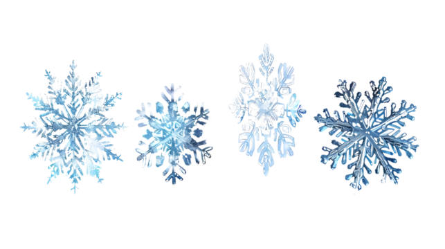 Collection of various snowflakes in different shapes and sizes. Isolated on a transparent background.