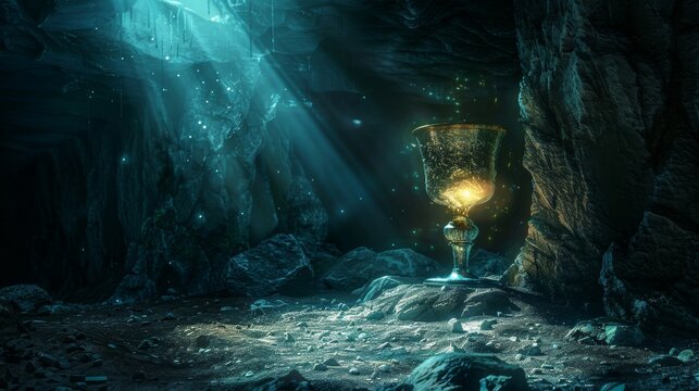 A single beam of light shines into a dark cave, illuminating a golden goblet resting on a rock.  A mystical and mysterious scene.