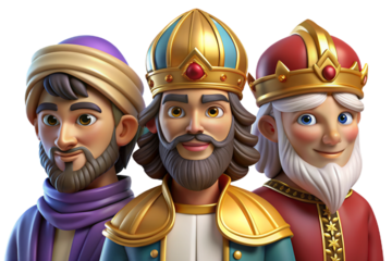 Vibrant 3D cartoon depicting The Three Wise Men on Epiphany, featuring plasticine texture, transparent background for versatile use in print and digital art
