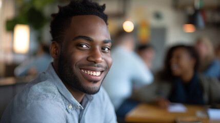 Obraz premium Man smiles in restaurant, others in background