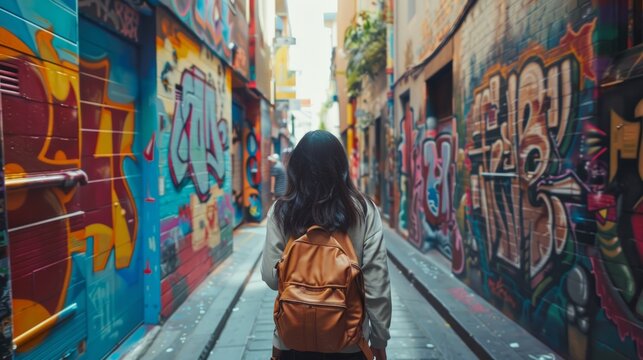 Fototapeta tourist in a narrow alley with colorful murals and graffiti on the walls generative ai