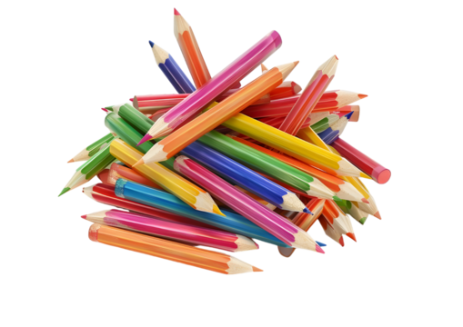 Bunch of colorful pencils arranged in a scattered pattern. Isolated on a transparent background.