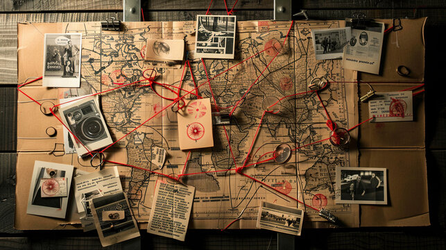 Detective Board with Fingerprints, Photos, Map, and Clues Connected by Red String: Investigative Work, Crime Scene Analysis, Mystery Solving Display