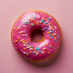 A single pink frosted donut with colorful sprinkles on a pink background.