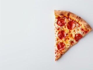 A single slice of pepperoni pizza on a white background.  The pizza has a crispy crust and melted cheese.  The image is perfect for food blogs, social media, or advertising.