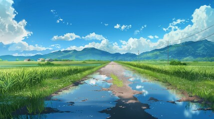 A road with a lot of grass and a few houses in the background, anime background