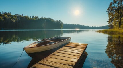 Fototapeta premium A small boat tied to a wooden dock on a calm lake. The sun shines brightly in the clear blue sky. Tranquil and peaceful nature scene.