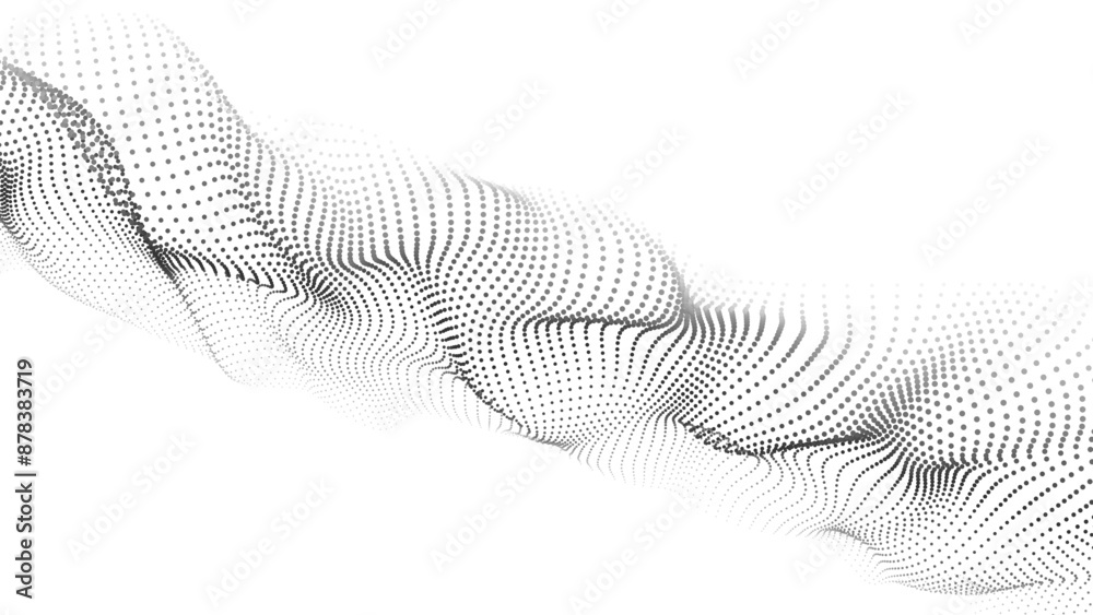 Poster Wave of moving particles on a white background. Big data transfer.Abstract vector 3d illustrations.