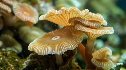 Group Of Light Brown Mushrooms Growing In A Forest