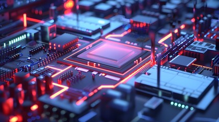 Obraz premium Precision Quantum Chip Manufacturing Process with Advanced Machinery and High-Tech Visualization