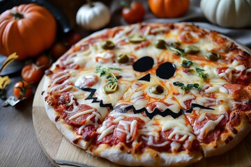 Festive Halloween pizza featuring a scary skull design crafted from cheese and olives