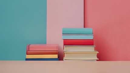 Fototapeta premium A stack of colorful books against a blue, pink and red background.