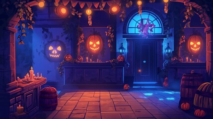 Obraz premium A dark room with a door and a window, halloween background