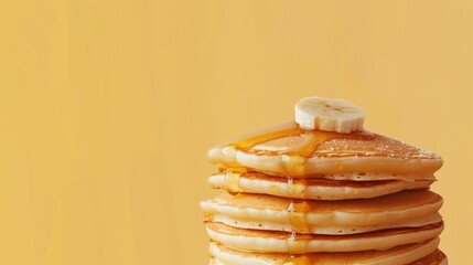 A stack of fluffy pancakes drizzled with syrup and topped with a banana slice.  A delicious breakfast treat.