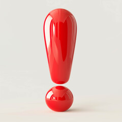 Red, glossy exclamation mark on a white background, minimalist style