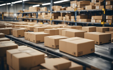 Closeup of cardboard boxes on conveyor belt in warehouse fulfilment center, smooth operation, bright lights