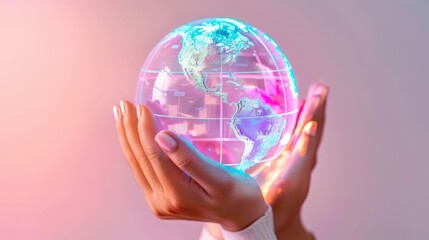 Hands holding digital earth hologram, global technology, pastel shades, [digital globe]