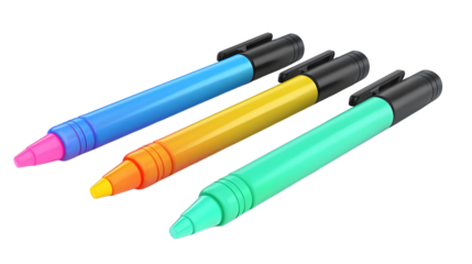 Colorful highlighter pens for writing and marking important notes. Isolated on transparent background.