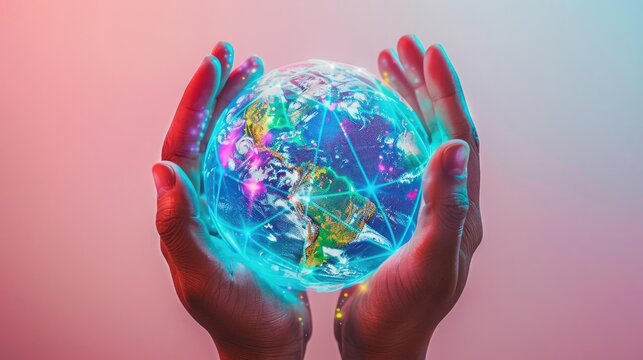 Hands holding digital earth hologram, global technology, pastel shades, [digital globe]