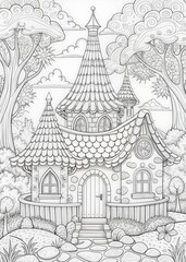 Naklejka premium Coloring book for adult and older children. Coloring page with fairy house in the garden.