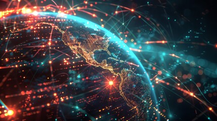 Obraz premium A vibrant digital illustration of Earth, with glowing lines connecting continents, representing global connectivity and technology.