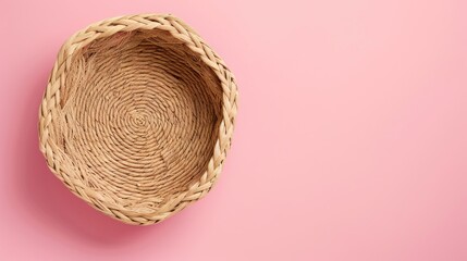 Octagonal straw basket on pink background top view decorative interior objects empty space
