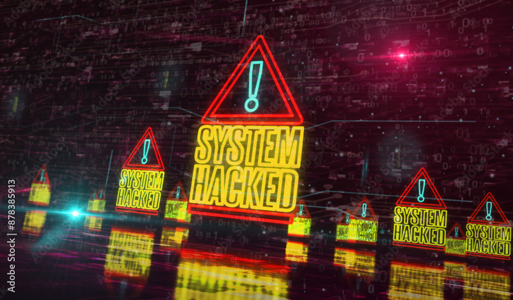 Wall mural system hacked warning and security breach alert symbol digital concept. network, cyber technology an