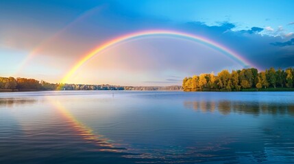 A vibrant rainbow arches over a serene lake, reflecting in the still water. Autumn trees line the shore, adding warmth to the scene.