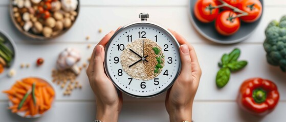 Hands holding a clock with food items, symbolizing intermittent fasting and healthy eating habits with fresh vegetables on a white table.