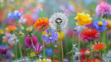 Fototapeta premium dandelion seeds with dew on a background of a field full of colorful flowers generative ai