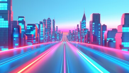 Fototapeta premium Neon Cityscape: A Futuristic Highway Through the City