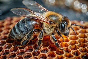 A bee sitting on a honeycomb close-up. Macro photography.
