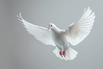 Fototapeta premium A white dove with outstretched wings, soaring in flight against a light gray background.