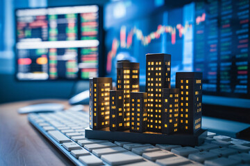Miniature cityscape on a laptop keyboard with stock market graphs in the background, symbolizing digital finance, urban development, and technology integration.