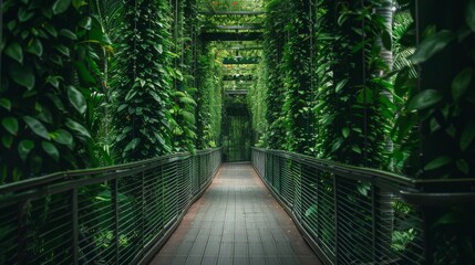 A wooden walkway leads through a lush green tunnel of vines and foliage. The path is surrounded by vibrant greenery, creating a sense of mystery and tranquility.