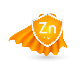 Zinc minerals in shield knight orange cloak. Vitamins essential protect build immunity healthy. For ads dietary supplements medical and pharmacy. Vector EPS10 illustration.