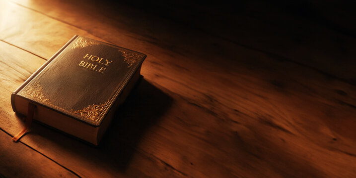 old brown bible book over wooden background with copy space, Christianity cobcept 