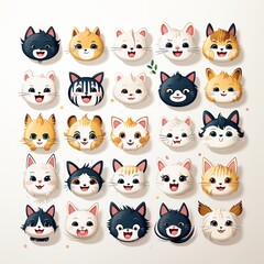 Fototapeta premium Collection of 25 cute cat emoticons with various facial expressions on a white background, for expressing emotions a to your digital communications