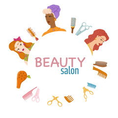 Hairdressing tools circle frame. Retro hair dryers, hairbrushes, scissors and different hair accessories. Cartoon hand drawn vector  illustration. Beautiful women. White background.