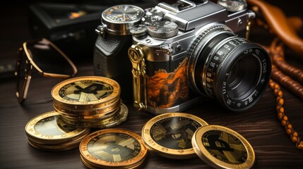 Professional camera and coins on a wooden table, vintage photographic equipment, top view
