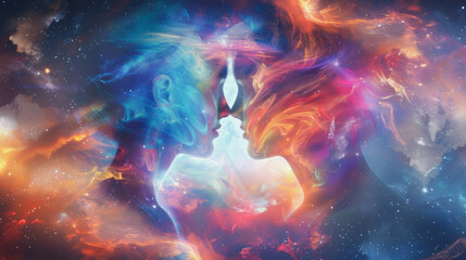 Abstract couple silhouettes embrace in cosmic nebula
