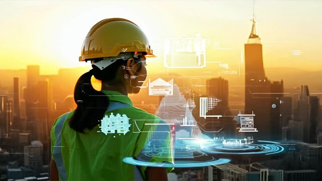 Vector illustration of a female construction worker in a hard hat, perfect for industrial, engineering, or urban safety concepts