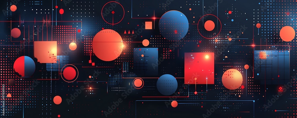 Fototapete A flat vector background with color scheme, featuring bold geometric shapes and lines for an abstract design. The graphic includes various elements such as circles, squares.