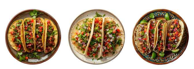 Fototapeta premium Three vibrant plates of delicious tacos topped with fresh ingredients, garnished with herbs, presented against a white background.